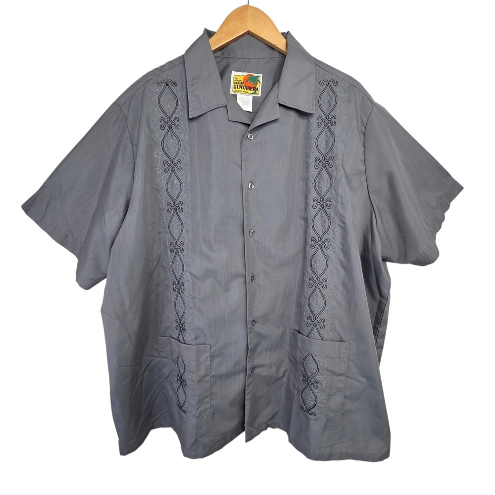 Vtg Haband Guayabera Gray Embroidered Button Up Cuban Tropical Shirt Size XXL